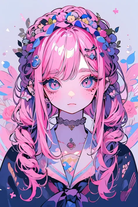 master piece、best quality、ultra detailed、highres、watercolor painting 、 perfect face、Beautiful Face、Very delicate face、(Big Eyes:1.4)，(Long eyelashes:1.4)、girl、slim、downturned eyes、 pink eyes 、 Twin Tail、braid、pink hair、mischievous smile、Colorful and cute f...