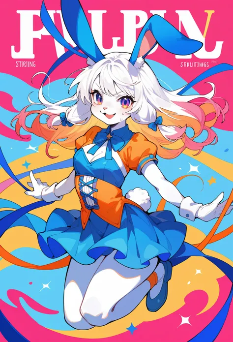 rating_safe, score_9, score_8_up, score_7_up, score_6_up, score_5_up, score_4_up, hires, source_furry,  spring outfit, colorful hair, outdoor, magazine cover, dancing, furry girl(rabbit Facial Features, rabbit Body Features)jumping, flowing colorful ribbon...