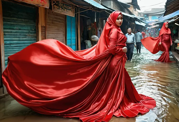 A woman shrouded in a 9-meter-long, plush red satin cloth, tightly bound and grandly draping along the form of her body, flowing off into a pooled floor-length train, styled in a mermaid-inspired outfit, her head modestly veiled in a satin hijab, 175 heigh...