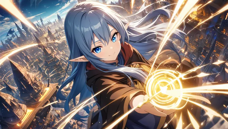 masterpiece、1 Elf Girl, Long Hair, blue eyes,  Dark Elf Girl ,  Mage Robe, CG, Wizards cast spells in the air,smile,Light effects,Floating City in the Sky 、 angle from above 