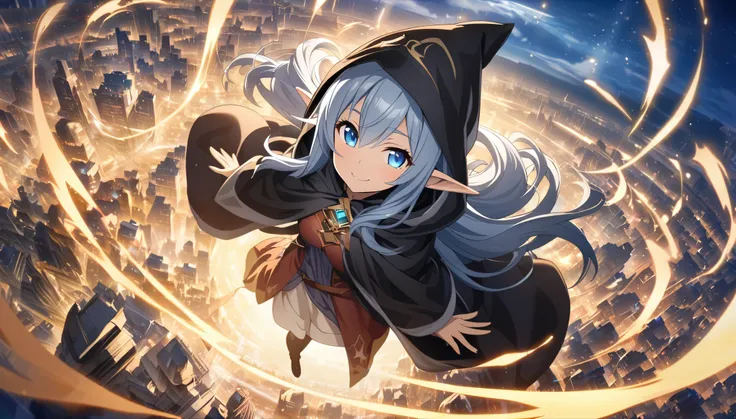 masterpiece、1 Elf Girl, Long Hair, blue eyes,  Dark Elf Girl ,  Mage Robe, CG, Wizards cast spells in the air,smile,Light effects,Floating City in the Sky 、 angle from above 