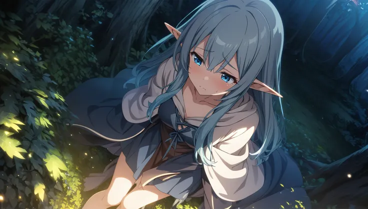 masterpiece、1 Elf Girl, Long Hair, blue eyes,  Dark Elf Girl ,  Mage Robe, CG, Talk to Forest Spirits,Sad face,Light effects,Deep Magical Forest 、evening、 angle from above 