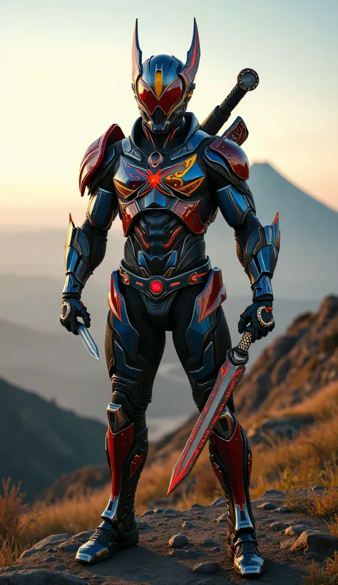 A realistic male superhero inspired by DC character designs, wearing a suit of high-tech armor blended with traditional Filipino elements. The suit features modern and tactical adjustments, incorporating cultural motifs, mythological symbols, and the red, ...