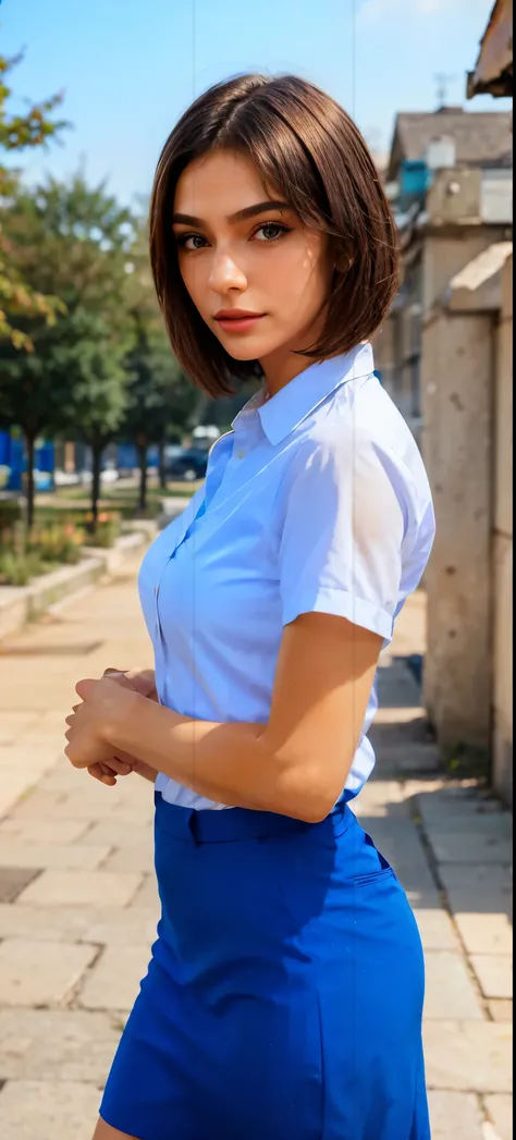 (Portrait), ((fear: 1,3)),  ((afraid: 1,6)), (face focus). A young high school student standing, dressed in school uniform, (bob hairstyle). The student appears from the front, reflecting a confident and serene posture. The scene uses bright, vibrant color...