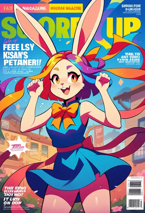 score_9, score_8_up, score_7_up, score_6_up, score_5_up, score_4_up, hires, source_furry,  spring outfit, colorful hair, outdoor, magazine cover, dancing, furry girl(rabbit Facial Features, rabbit Body Features)jumping, flowing colorful ribbon, Flying swea...