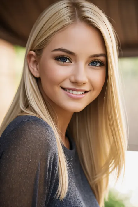 photo of blonde girl, smiling, face, facing the viewer, thorough, simulated style, eye focus, highest quality, (very detailed sk...