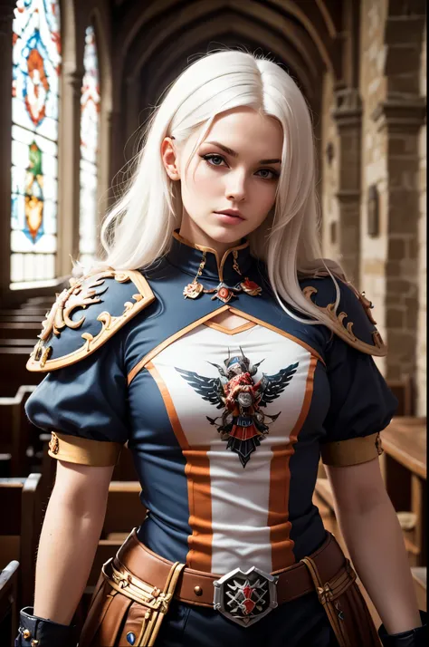 1 beautiful sister of Battle, Warhammer 40k, white hair, without armor, gothic chapel Warhammer style,