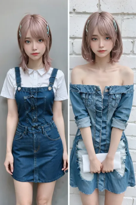 Do the same thing to have light pink hair and emerald green eyes 

Recycled Denim Dress
 Materials: Old or discarded jeans .
	Style:  This can be a “shirt” type dress or a structured straight cut dress .  The different shades of jeans can be combined to cr...