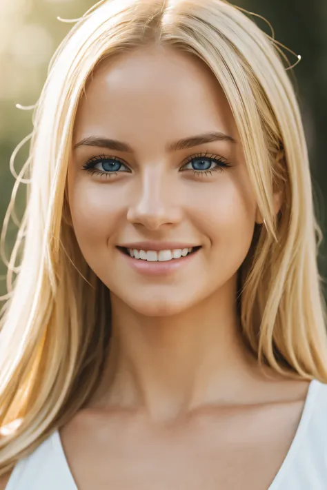 photo of blonde girl, smiling, face, facing the viewer, thorough, simulated style, eye focus, highest quality, (very detailed sk...