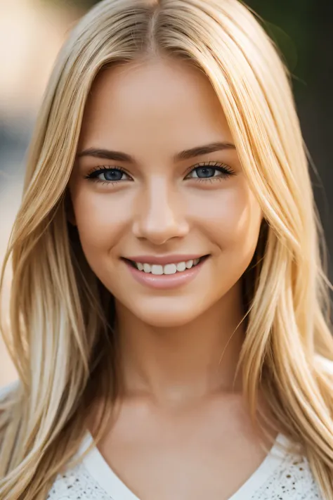 photo of blonde girl, smiling, face, facing the viewer, thorough, simulated style, eye focus, highest quality, (very detailed sk...