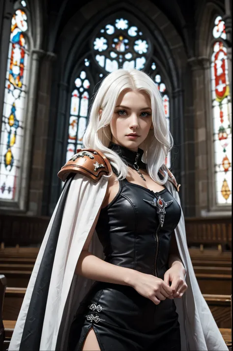 1 beautiful sister of Battle, Warhammer 40k, white hair, without armor, gothic chapel Warhammer style,