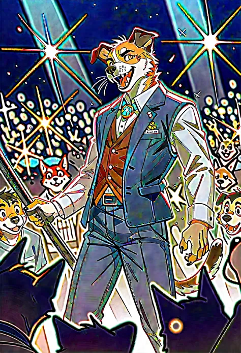 rating_safe, score_9, score_8_up, score_7_up, score_6_up, score_5_up, score_4_up, hires, source_furry,（Charismatic man with a top knot, On a lively stage, Captivate the crowds with an impressive light show）Vocalist Male Cartoon、Anthropomorphic Scottish Ter...