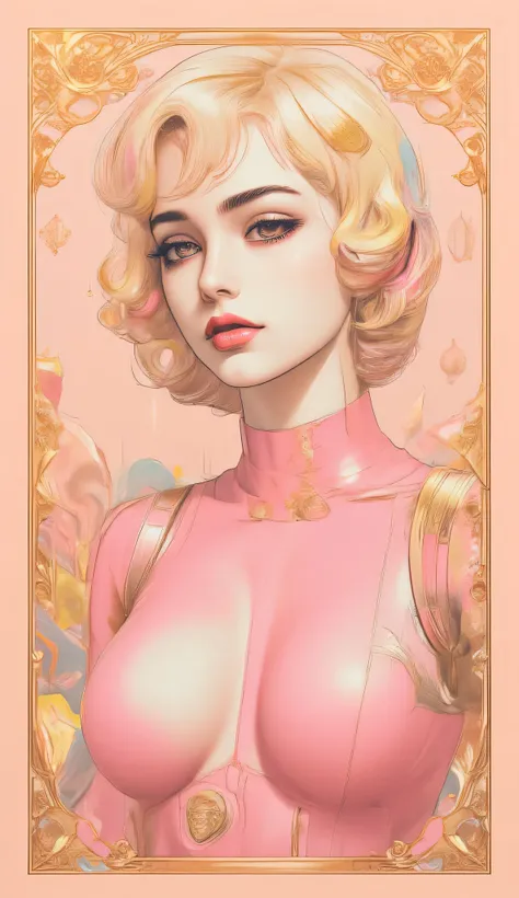 electronics, gold circuitry, gold wiring, buttons, mechanical parts, beautiful abstract ai model with elf ears, smooth shiny pink surface, pretty face, sexy, minimal, sleek, slender, asian, elegant, chic, futuristic, retro, sophisticated, (half human half ...