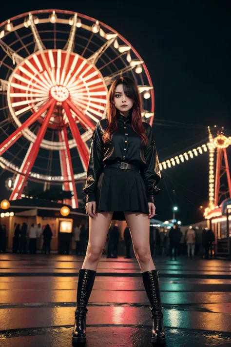 On the photo,  a woman is posing at night in an environment that appears to be a festival or amusement park ,  with a giant wheel illuminated in the background .  She wears a black outfit with red details ,  which has an alternative and daring style ,  mat...