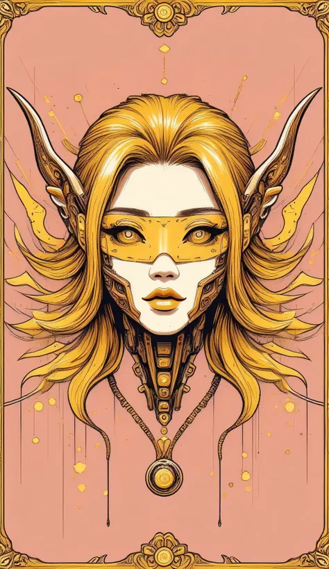 electronics, gold circuitry, gold wiring, buttons, mechanical parts, beautiful abstract ai model with elf ears, smooth shiny pink surface, pretty face, sexy, minimal, sleek, slender, asian, elegant, chic, futuristic, retro, sophisticated, (half human half ...