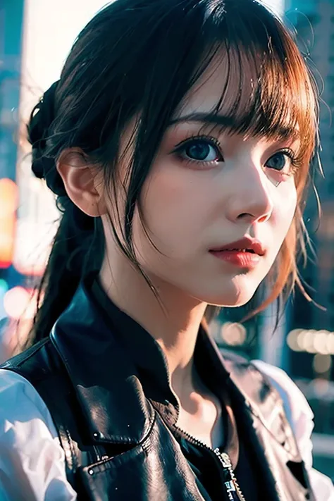 (8k, RAW photo, best quality, masterpiece:1.3),(realistic,photo-realistic:1.37),(looking at viewer:1.331),cyberpunk city,soft light,1girl,extremely beautiful face,bust,put down hands,Random hairstyle,Random expression,big eyes,