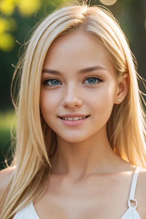 Photo of blonde girl, smiling, face, facing the viewer, thorough, simulated style, eye focus, highest quality, (very detailed skin), perfect face, baby fat, skin pores, (Bokeh: 0.6), clear focus, point lighting, (backlight: 0.7), film texture, shot on SONY...