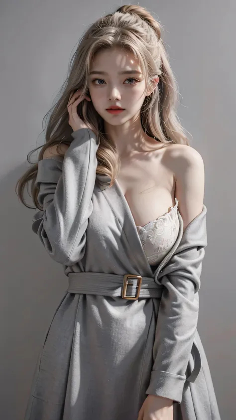 Girl wearing, luxury grey coat, shoulder length hair, wavy hair, glowing skin, star in eye, red lips, grey  background, cute poses , upper body, light blonde hair, perfect slim chest, with a beautiful dress , wavy hair, hair puff design , hand poses , open...