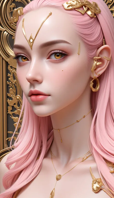 electronics, gold circuitry, gold wiring, buttons, mechanical parts, beautiful abstract ai model with elf ears, smooth shiny pink surface, pretty face, sexy, minimal, sleek, slender, asian, elegant, chic, futuristic, retro, sophisticated, (half human half ...