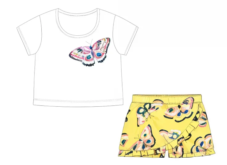 A photo of two-piece summer outfit for girls featuring a charming butterfly theme. The set includes a white t-shirt with a colorful sequin butterfly applique on the right side of the chest, white collar. Matching yellow shorts adorned with an rapportted al...