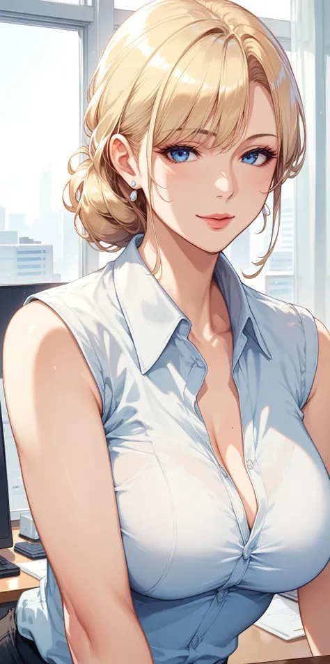 score_9, score_8_up, score_7_up, blonde, long hair, blue eyes, perfect eyes, anime lady, elegant mature woman, wise face, sleeveless office shirt, soft light