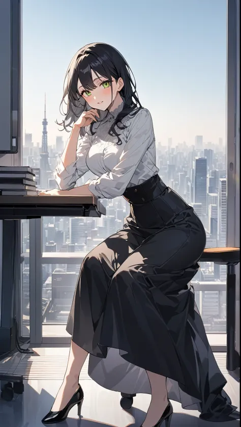 "office lady sitting at a desk, height 163cm, business chic, victorian blouse, slender 63cm waist, full 93cm hips, shapely legs, clear fair skin (RGB: 255, 233, 209), oval face with soft features, almond-shaped eyes (light green) with double eyelids, strai...