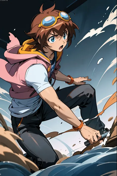 anime, boy, brown hair, short hair, blue eyes, stylish jacket, black pants, messy hair, goggles on head, beyblade, male amano ma...