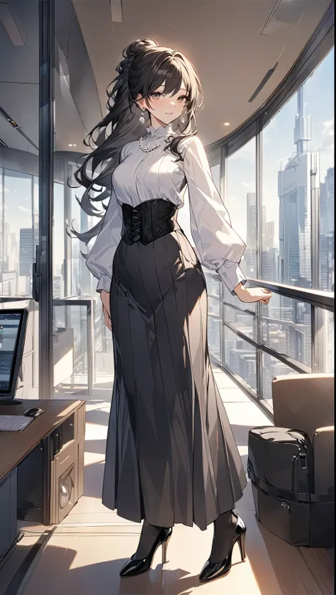 "office lady standing with full authority and unmatched beauty to be bent to her will, 3, height 163cm, business chic , victorian blouse, slender 63cm waist, full 93cm hips, shapely legs, clear fair skin (RGB: 255, 233, 209), oval face with soft features, ...