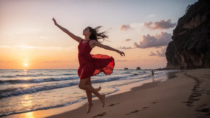 Front scene running gently along the beaches she is beautiful when she is wearing red she is barefoot jumping for joy on the beautiful beach and a wonderful sunset feeling the freedom in the dress that feels the wind