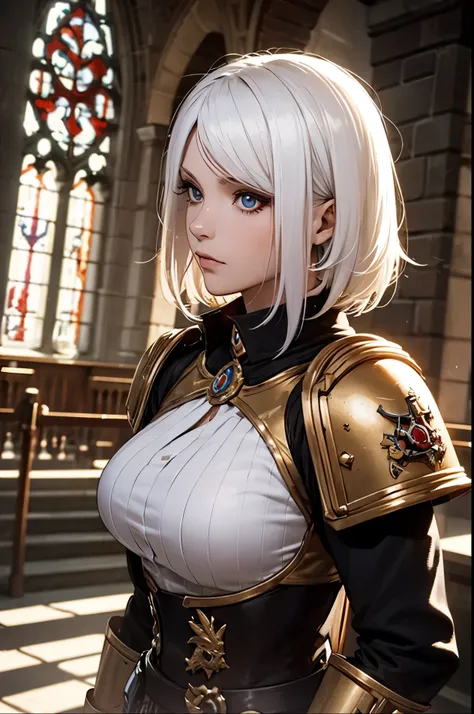 1 beautiful sister of Battle, Warhammer 40k, white hair, without armor, gothic chapel Warhammer style,