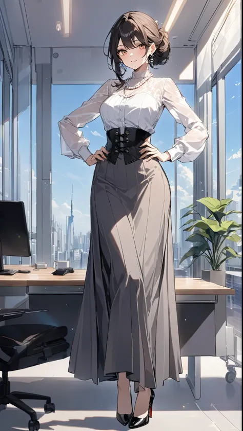 "office lady standing with full authority and unmatched beauty to be bent to her will, 3, height 163cm, business chic , victorian blouse, slender 63cm waist, full 93cm hips, shapely legs, clear fair skin (RGB: 255, 233, 209), oval face with soft features, ...