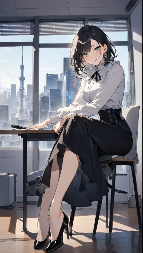 "office lady sitting at a desk, height 163cm, business chic, victorian blouse, slender 63cm waist, full 93cm hips, shapely legs, clear fair skin (RGB: 255, 233, 209), oval face with soft features, almond-shaped eyes (light green) with double eyelids, strai...