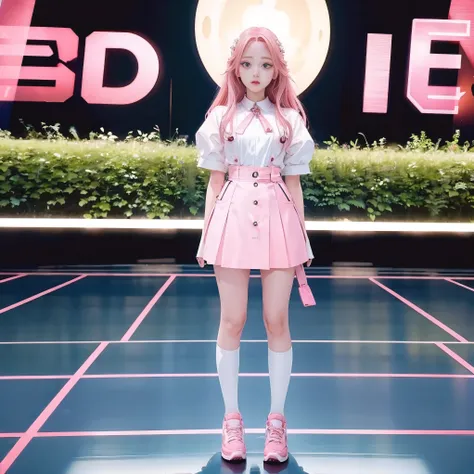 tall person,big eyes,full body,standing,pink hair