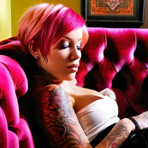 imagine laurence bedard reclining on a plush velvet sofa in a cozy coffee shop, her pink hair framing her captivating features. ...