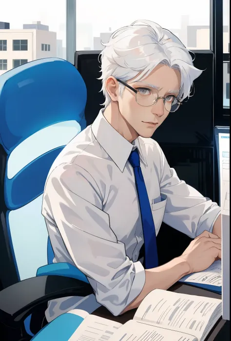 (Best quality:0.8) 1 man, snow-white hair,  Slim, office worker, ((age 40+)), glasses, mature man