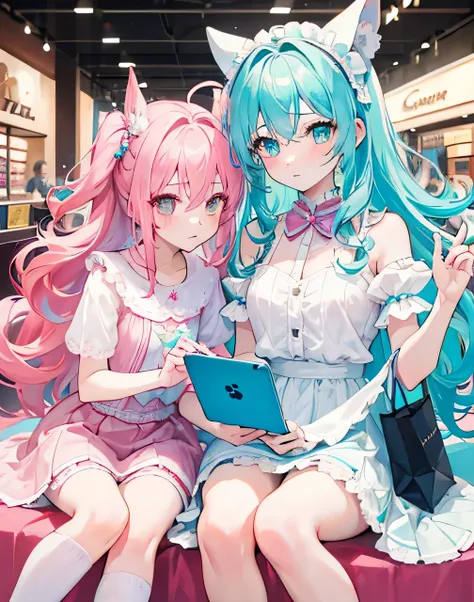 2girl,cyan-pink messy hair,princess curls,hair between eyes,blushing,hand covers skirt,sitting,shopping-mall,long frilly white skirt,high-knee socks,white eyes,facing screen,holding a iphone taking a picture of you