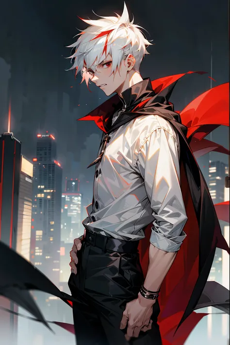 1male, Young Adult, White Hair With Red Highlights, Short Hair, Spikey Hair, Black Cape, Black Eyes, White Shirt, Black Pants, Angry, City Background, Standing On Path