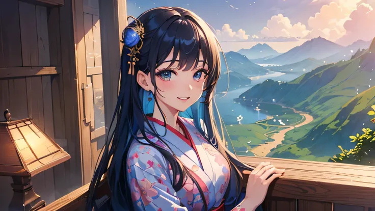 (((Wallpaper 8k CG,masterpiece,Best Quality))),Anime Style,((Super Detailed Woman1,super smile)),Super detailed face,beautiful eye,Yukata,Sitting,Fantasy,nature,Calm,nebula,right blue hair
