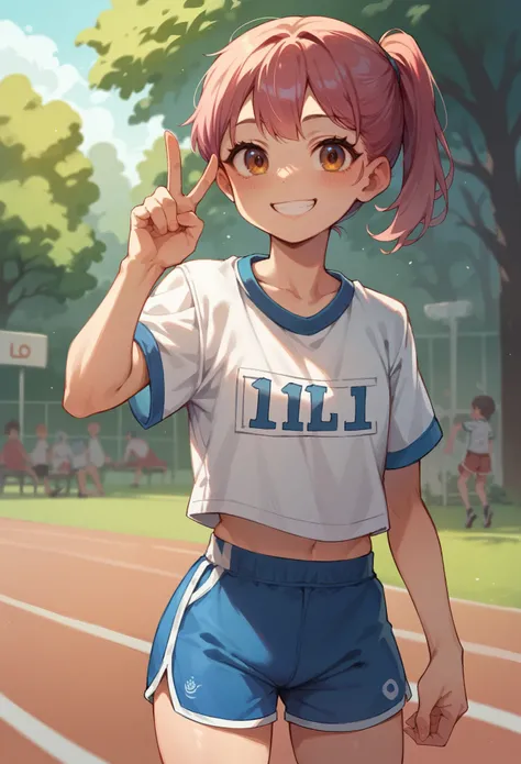 1girl, loli, sport girl, shirts, shorts, smile, v, park background