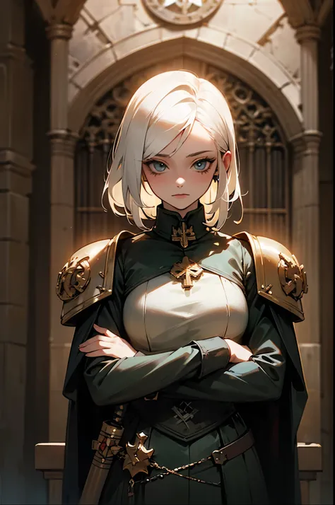 1 beautiful sister of Battle, Warhammer 40k, white hair, without armor, gothic chapel Warhammer style,