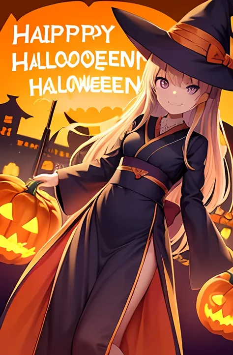 Japanese、woman、18 years old、 very slender 、((Halloween Costumes))、Halloween illuminations、Halloween cityscape、 smile 、Thin legs、((Pumpkin Carriage))