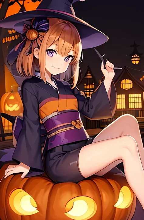 Japanese、woman、18 years old、 very slender 、((Halloween Costumes))、Halloween illuminations、Halloween cityscape、 smile 、Thin legs、((Pumpkin Carriage))