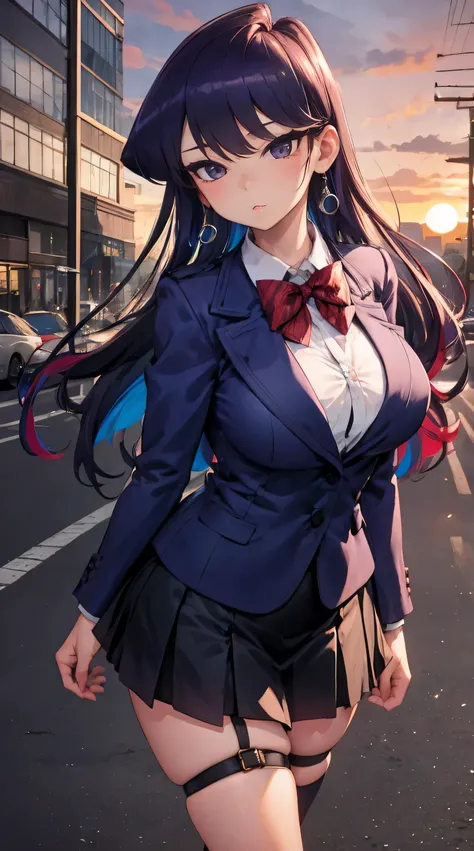 Komi Shouko, masterpiece, Best quality, 1 girl, 18 years, Big breasts, purple hair, multicolored hair, bangs, one side up, long hair, purple eyes, hairclip, jewelry, earrings, medium breasts, gyaru, school uniform, thigh-highs, ブレザー burezaa (Blazer), bow, ...