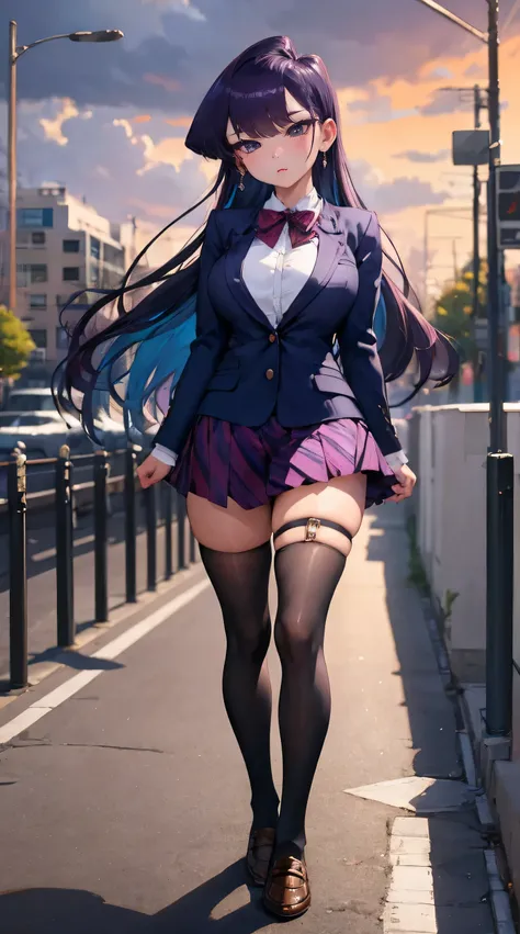 Komi Shouko, masterpiece, Best quality, 1 girl, 18 years, Big breasts, purple hair, multicolored hair, bangs, one side up, long hair, purple eyes, hairclip, jewelry, earrings, medium breasts, gyaru, school uniform, thigh-highs, ブレザー burezaa (Blazer), bow, ...