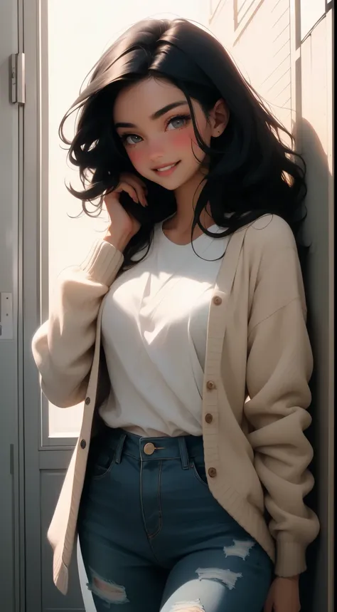 Amazing portrait of a sexy woman wearing her long straight luscious black hair, seductively gazing and smiling, soft lips, parted, blushing intensely, smiling, white t shirt, grey cardigan, baggy jeans, medium chest, perfect body