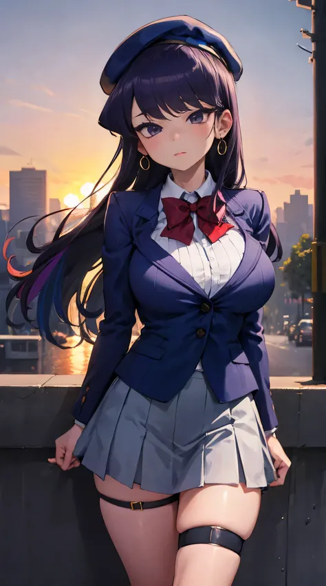 Komi Shouko, masterpiece, Best quality, 1 girl, 18 years, Big breasts, purple hair, multicolored hair, bangs, one side up, long hair, purple eyes, hairclip, jewelry, earrings, beret, blue headwear, red bowtie, collared shirt, blue jacket, open jacket, long...