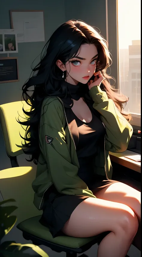 Sexy woman, long black luscious hair, seductive eyes, blushing, parted lips, black tank top, dark green jacket and skirt, sitting on desk, desperate