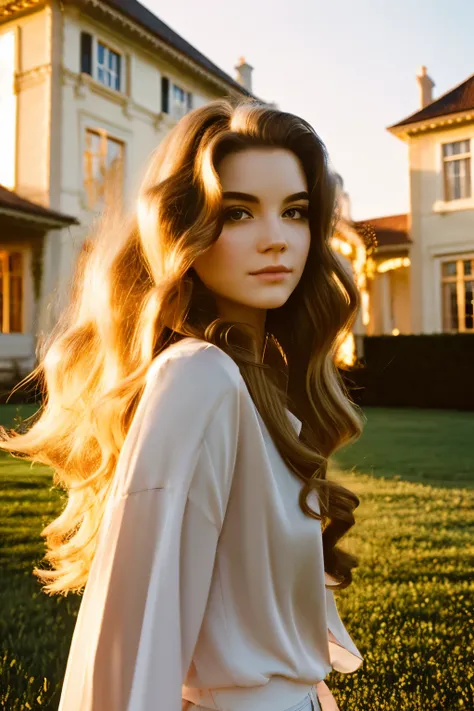 film still, 1996 high class style, 1girl, long wavy blowout hair, pale skin, elite, classic, golden hour, mansion background, portrait