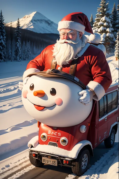 Santa Claus is driving along a snowy road on a glowing large van, a cheerful snowman sits