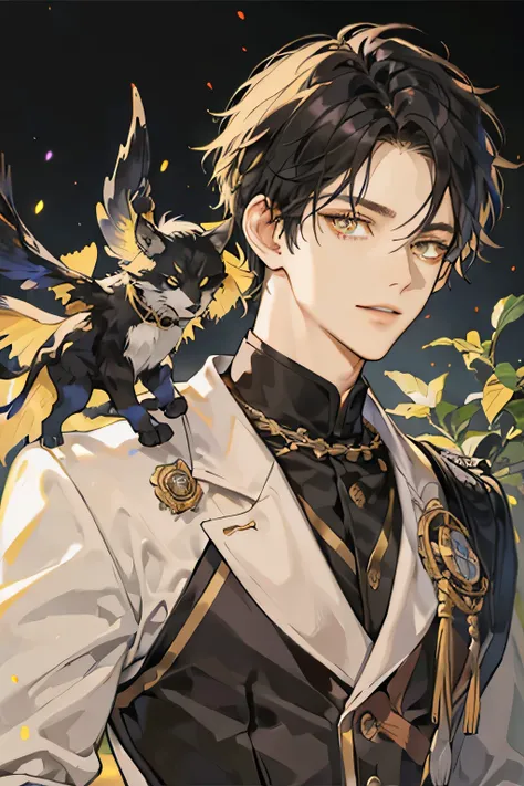 Black-haired, yellow-eyed boy in a princes costume 